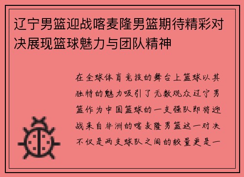 辽宁男篮迎战喀麦隆男篮期待精彩对决展现篮球魅力与团队精神